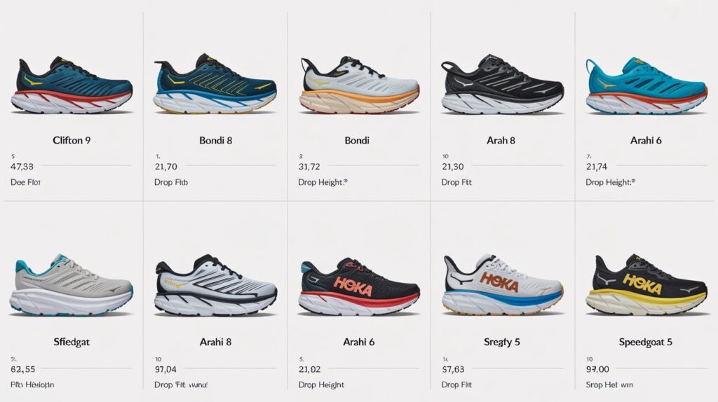 Comparison chart of the best Hoka walking shoes for men featuring Clifton 9, Bondi 8, Arahi 8, Speedgoat 5, and other popular Hoka models for comfort, support, and daily walking.