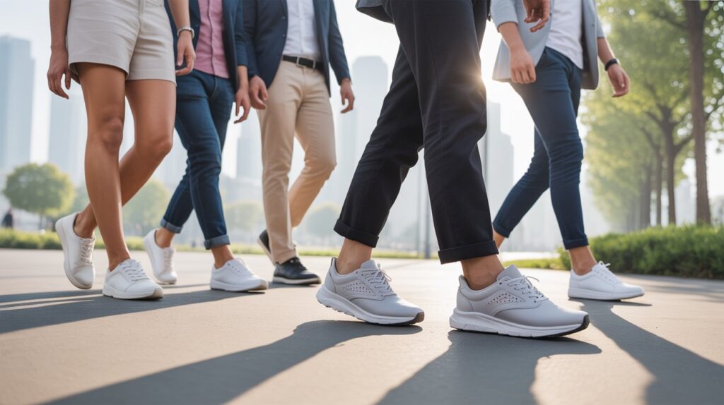 Group of people wearing the best lightweight walking shoes while walking comfortably outdoors in a city park.