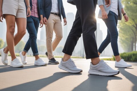 Group of people wearing the best lightweight walking shoes while walking comfortably outdoors in a city park.
