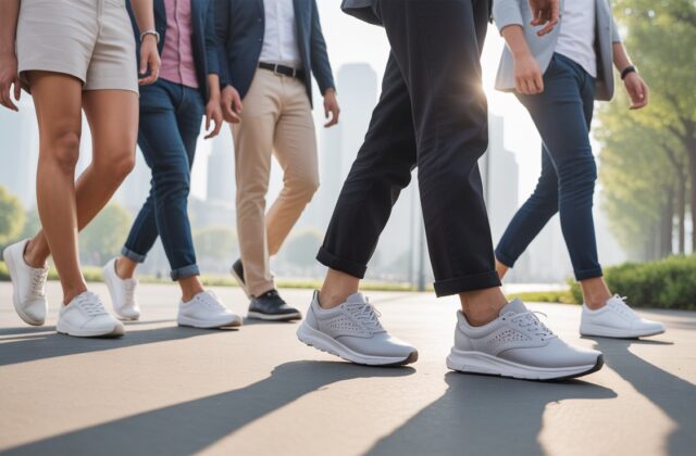Group of people wearing the best lightweight walking shoes while walking comfortably outdoors in a city park.