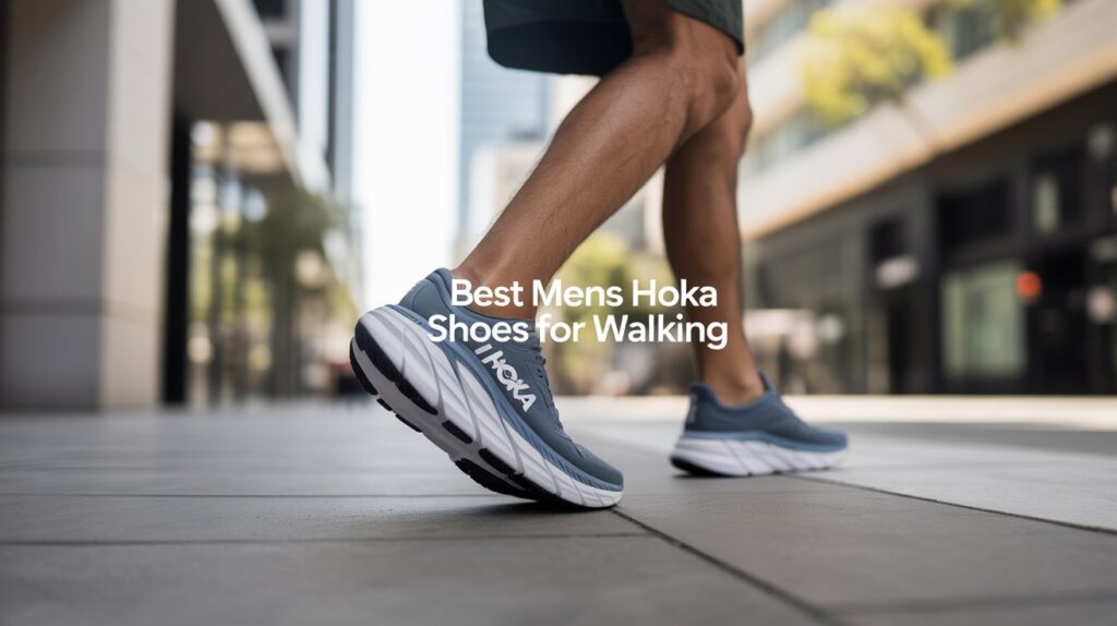 Man walking in gray Hoka walking shoes on a modern city sidewalk, showcasing the best men’s Hoka shoes for walking and all-day comfort.