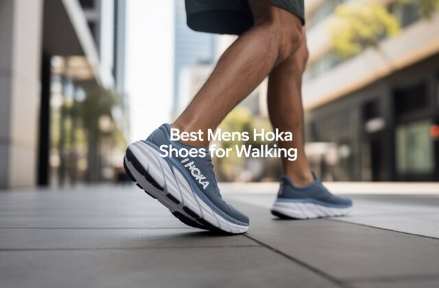 Man walking in gray Hoka walking shoes on a modern city sidewalk, showcasing the best men’s Hoka shoes for walking and all-day comfort.