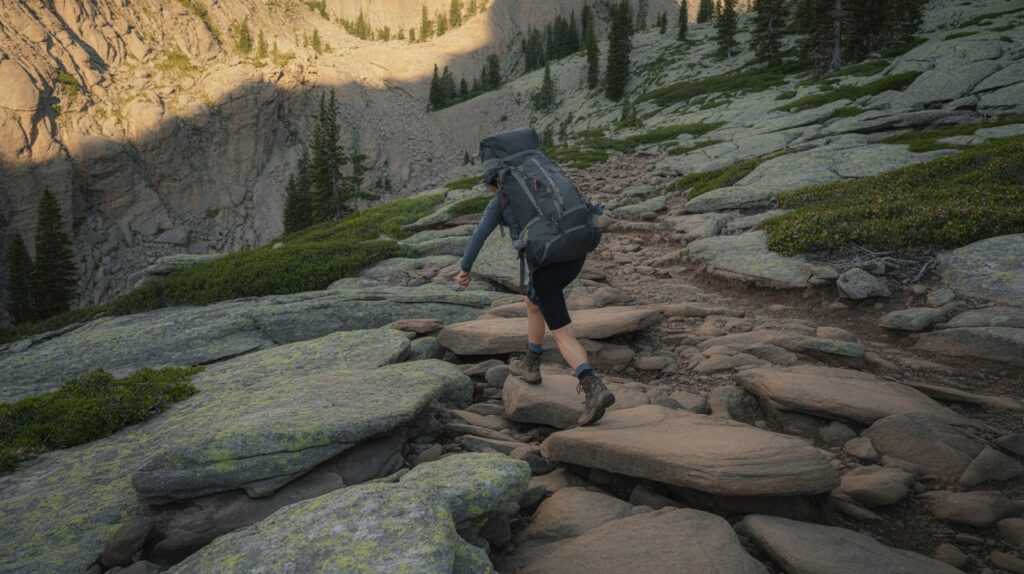 Man hiking on a rocky mountain trail wearing the best men’s HOKA shoes for walking and outdoor trekking.