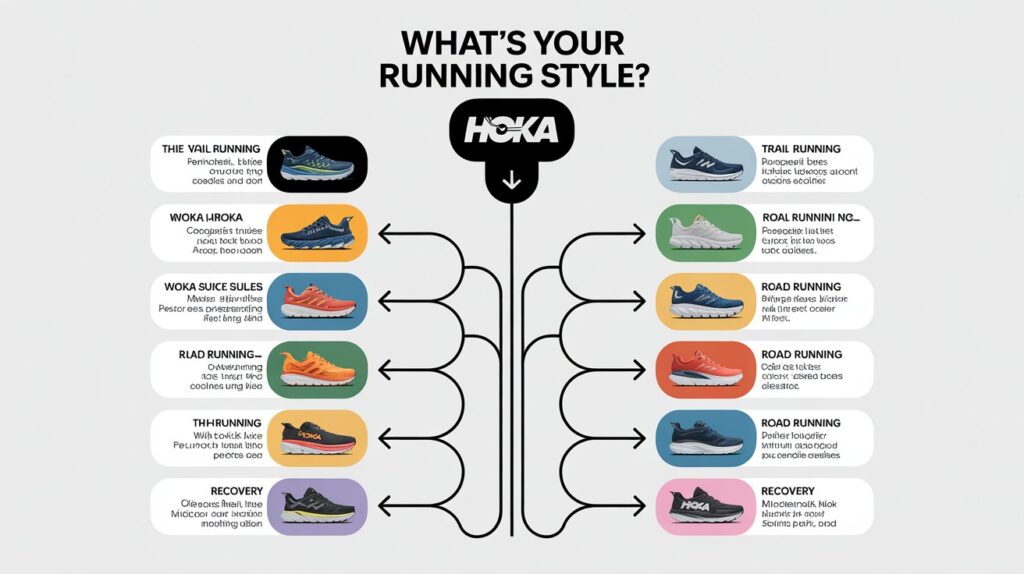 Infographic showing different HOKA running and walking shoe styles for trail running, road running, recovery, and daily comfort support.