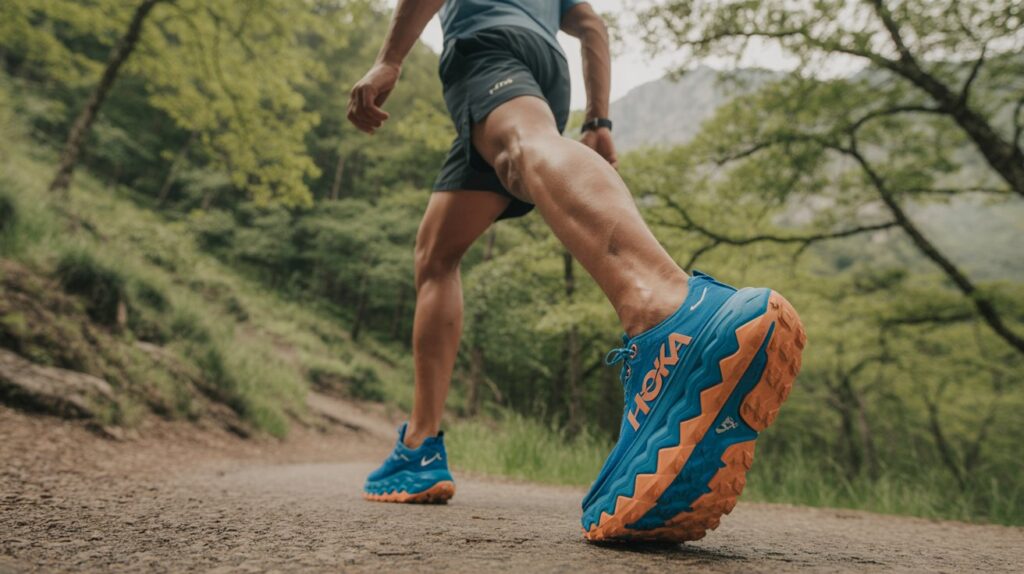 Man wearing blue Hoka walking shoes on a scenic trail, showcasing the best mens Hoka shoes for walking with comfort, grip, and support outdoors.