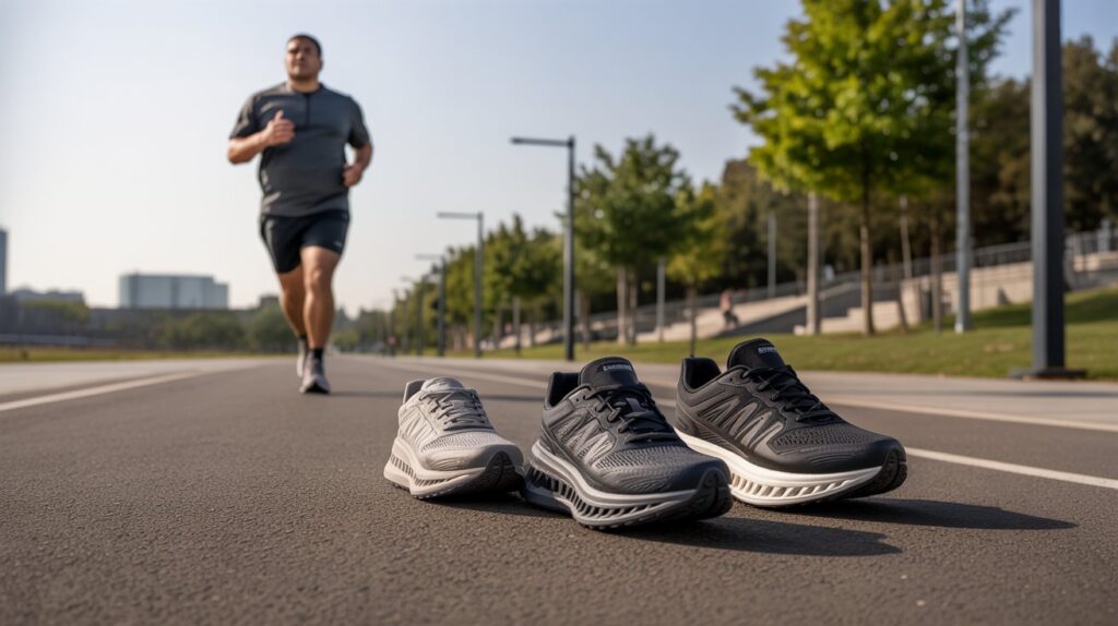 Overweight man running outdoors with cushioned running shoes designed for comfort, stability, and joint support for heavy runners.