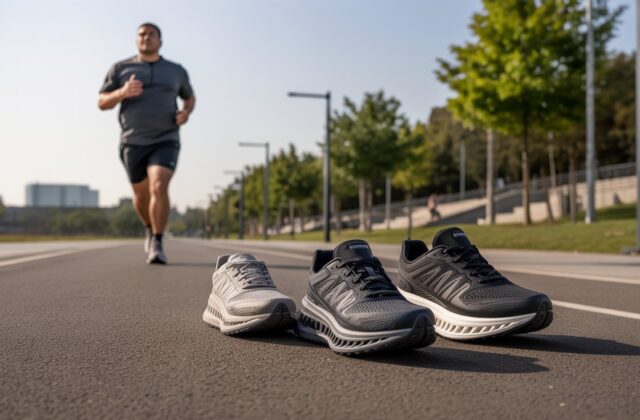 Overweight man running outdoors with cushioned running shoes designed for comfort, stability, and joint support for heavy runners.