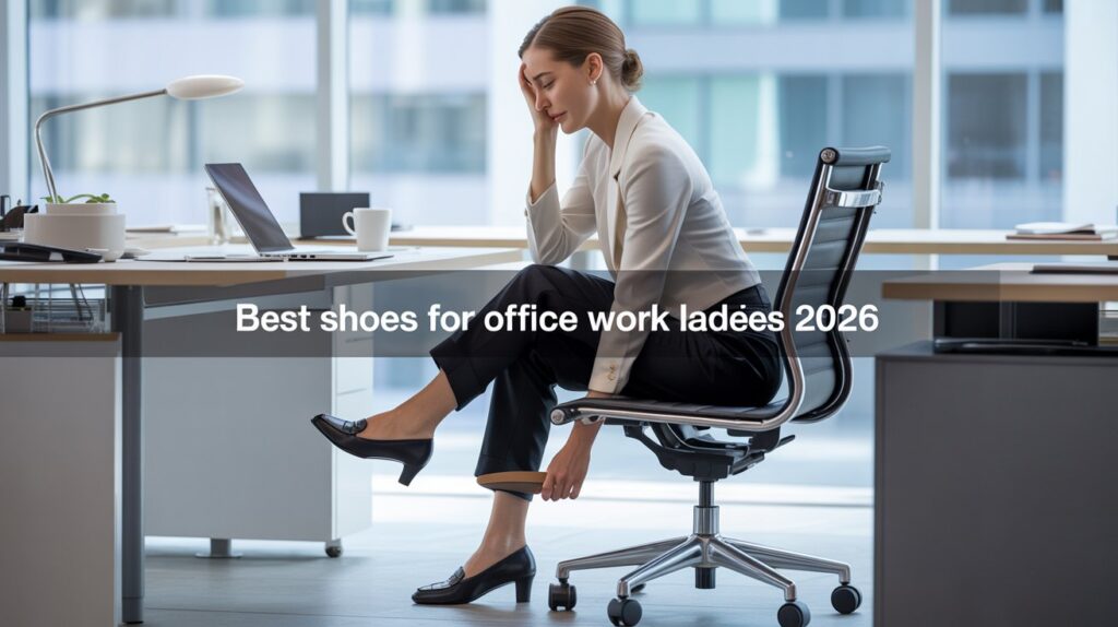 Woman in office sitting at desk removing uncomfortable heels, highlighting need for best shoes for office work ladies for all-day comfort