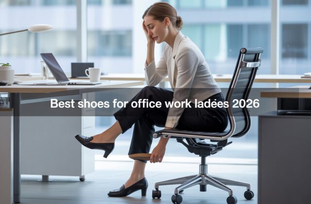 Woman in office sitting at desk removing uncomfortable heels, highlighting need for best shoes for office work ladies for all-day comfort