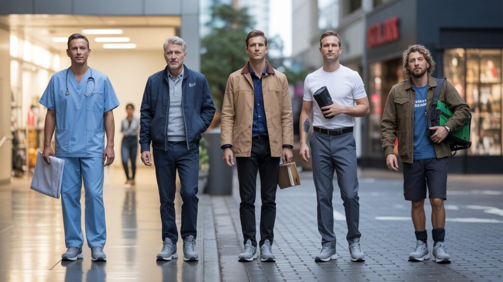 Men wearing comfortable walking shoes and standing shoes for all-day support in different work and casual lifestyles.