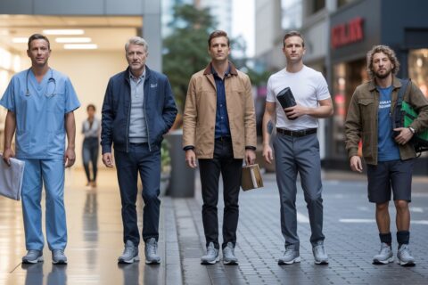 Men wearing comfortable walking shoes and standing shoes for all-day support in different work and casual lifestyles.