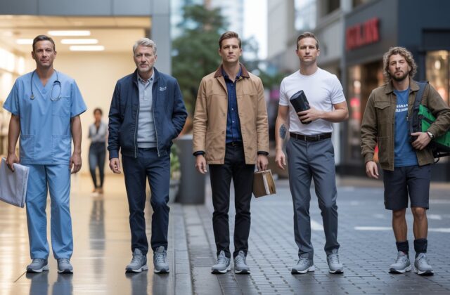 Men wearing comfortable walking shoes and standing shoes for all-day support in different work and casual lifestyles.
