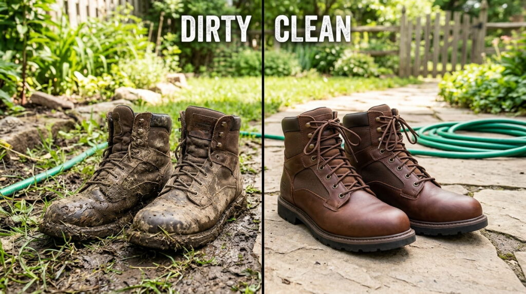 Best shoes for yard work comparison showing dirty muddy boots vs clean durable boots in a backyard garden setting