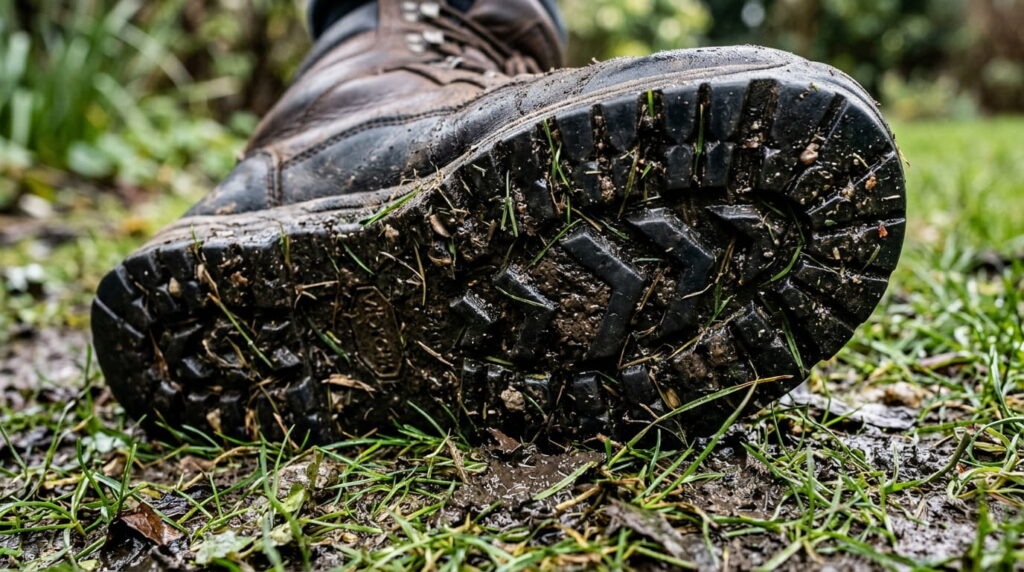 Best shoes for yard work with strong grip, rugged boot sole covered in mud and grass showing traction on wet ground