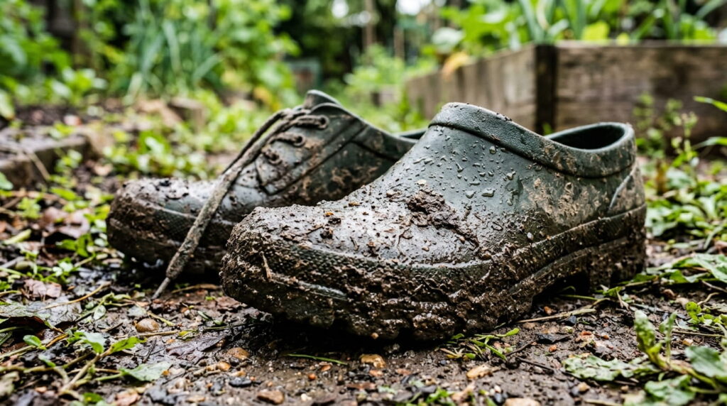 Best shoes for yard work covered in mud, durable garden clogs on wet soil in backyard garden setting