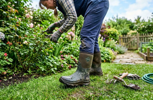 Person doing yard work wearing waterproof garden boots on grass, ideal example of best shoes for yard work