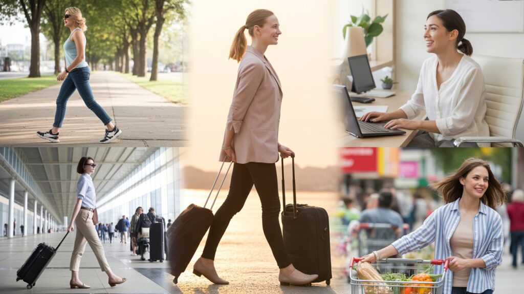 Lifestyle collage of women wearing supportive arch support shoes for walking, office work, travel, and daily activities, highlighting comfort and stability for all-day wear.