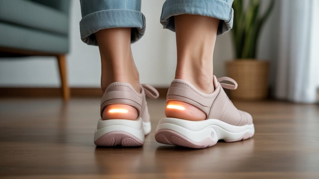 Close-up of women wearing cushioned arch support shoes designed for heel comfort, stability, and all-day walking support indoors.