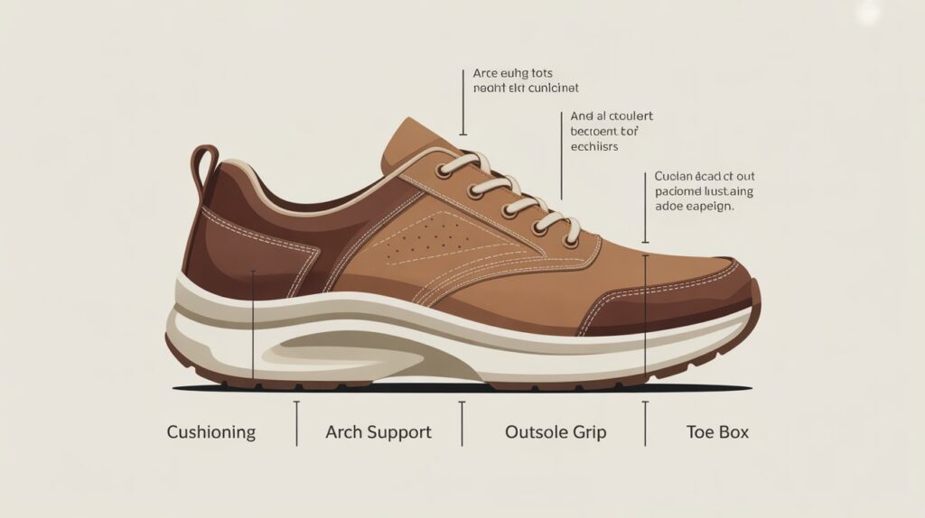 Infographic showing key features of the best shoes with arch support for women, including cushioning, arch support, outsole grip, and roomy toe box for comfort and stability.