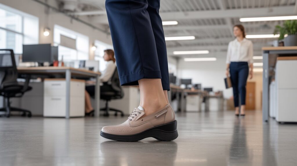 Woman wearing comfortable arch support shoes in a modern office, showcasing supportive footwear designed for women who need all-day comfort and stability.