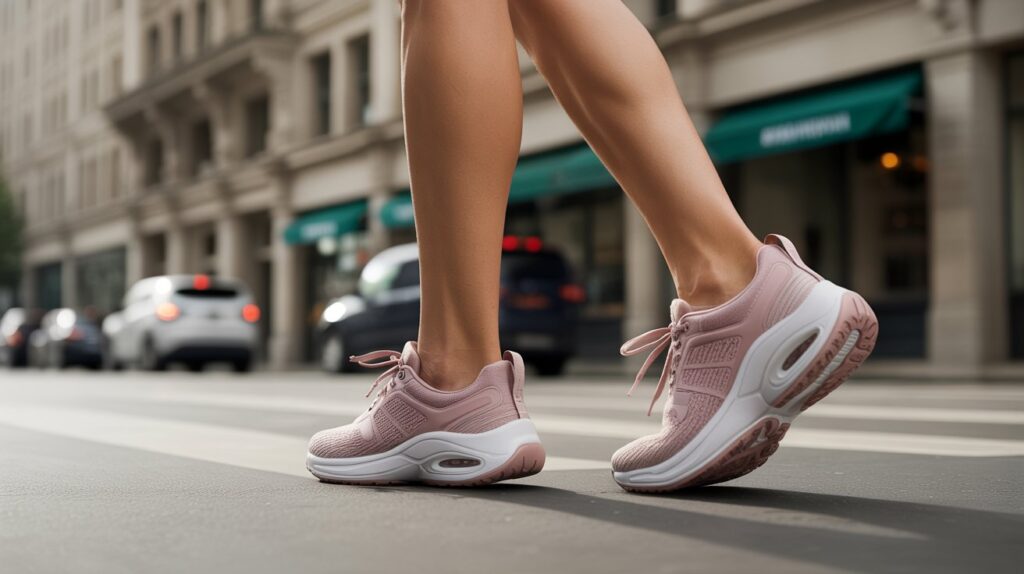 Woman walking comfortably in pink athletic shoes with arch support designed for women’s everyday walking and foot comfort.