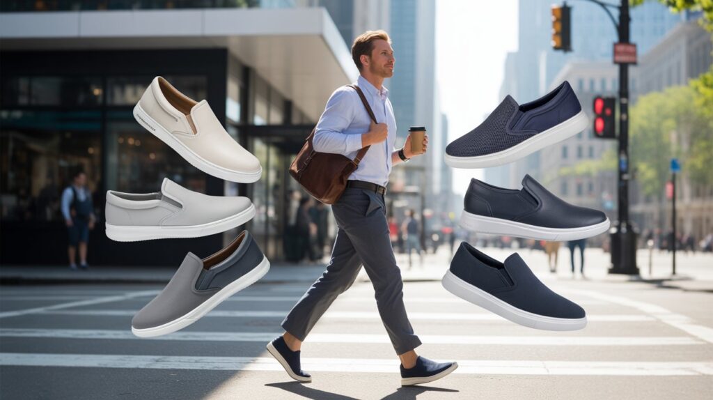 Stylish man walking in a city wearing the best slip on shoes for men with multiple comfortable casual slip-on sneakers displayed around him.