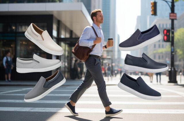 Stylish man walking in a city wearing the best slip on shoes for men with multiple comfortable casual slip-on sneakers displayed around him.
