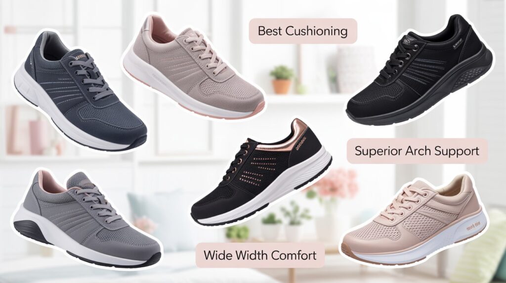 Collage of the best walking shoes for older women featuring cushioned soles, arch support, and wide width comfort for everyday walking.