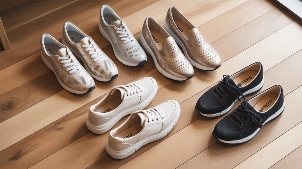 Best walking shoes for older women displayed on wooden floor with comfortable supportive styles for everyday walking