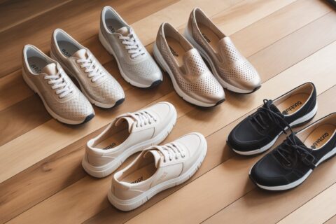Best walking shoes for older women displayed on wooden floor with comfortable supportive styles for everyday walking