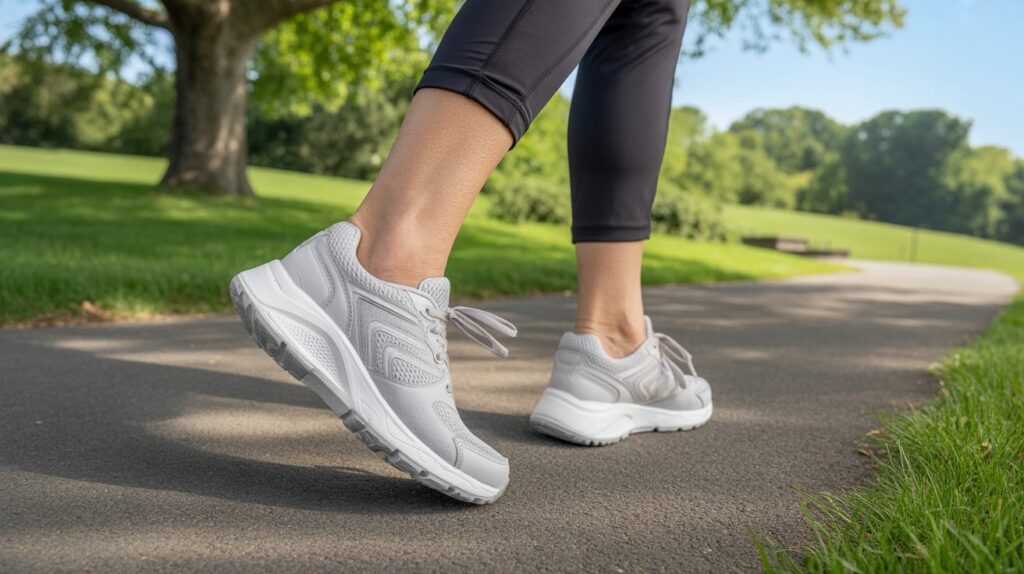 Older woman wearing supportive walking shoes on a park path for comfort and daily walking