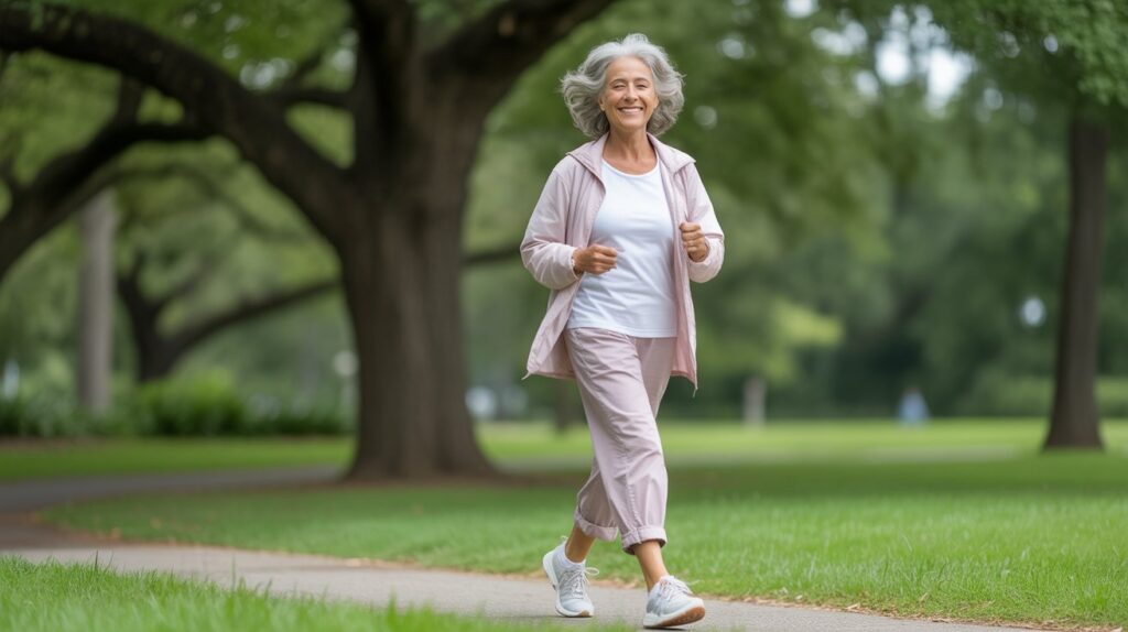 Older woman walking comfortably in a park wearing the best walking shoes for older women designed for support and comfort.