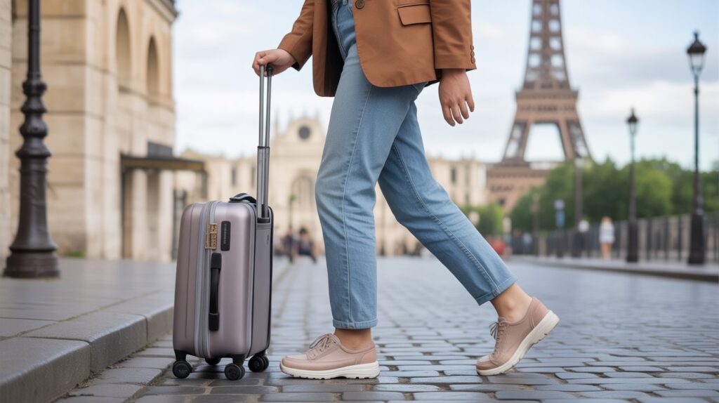Woman wearing comfortable walking shoes while traveling in Europe with suitcase on Paris cobblestone street near Eiffel Tower