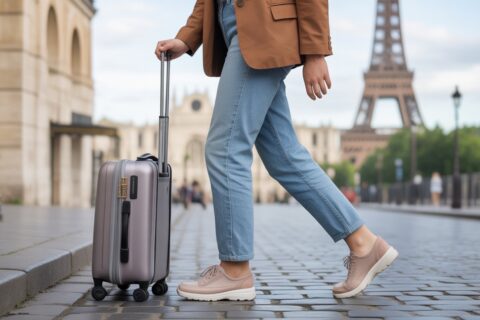 Woman wearing comfortable walking shoes while traveling in Europe with suitcase on Paris cobblestone street near Eiffel Tower