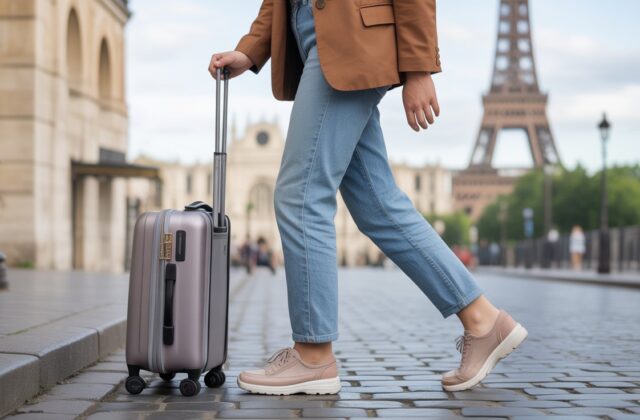 Woman wearing comfortable walking shoes while traveling in Europe with suitcase on Paris cobblestone street near Eiffel Tower