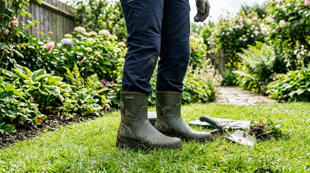 Waterproof rubber boots worn for yard work standing on grass with gardening tools, ideal for muddy outdoor tasks