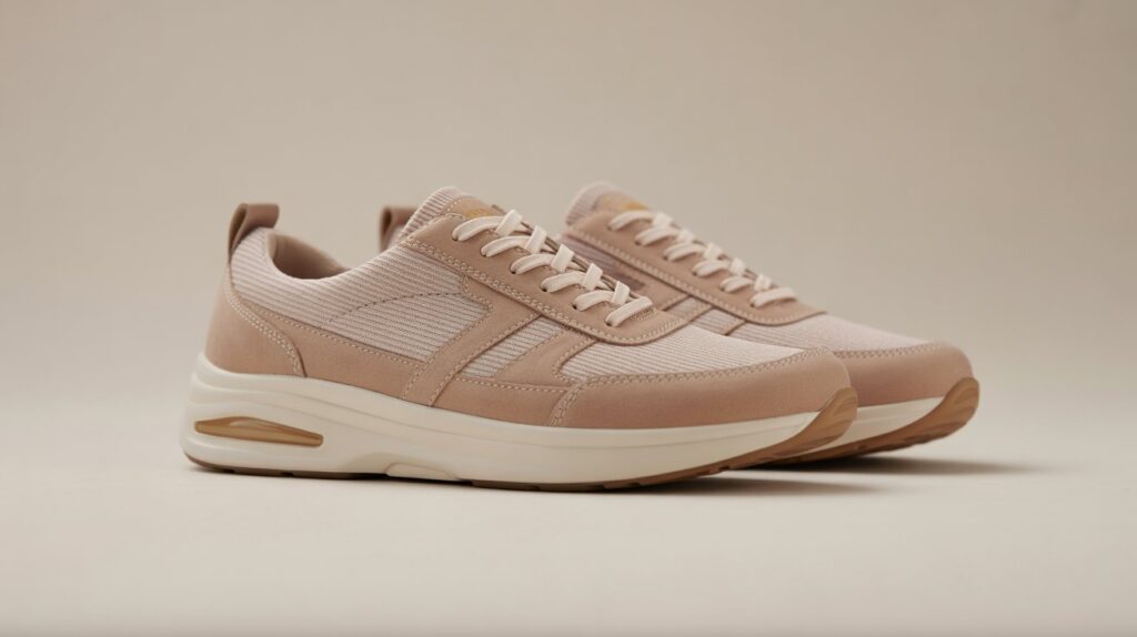 Close-up of comfortable walking shoes for older women with cushioned sole and arch support