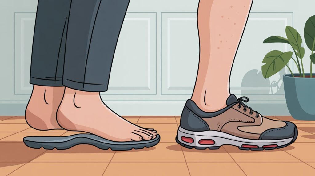 Illustration showing flat feet with arch support insoles and supportive walking shoes for men improving foot alignment and comfort