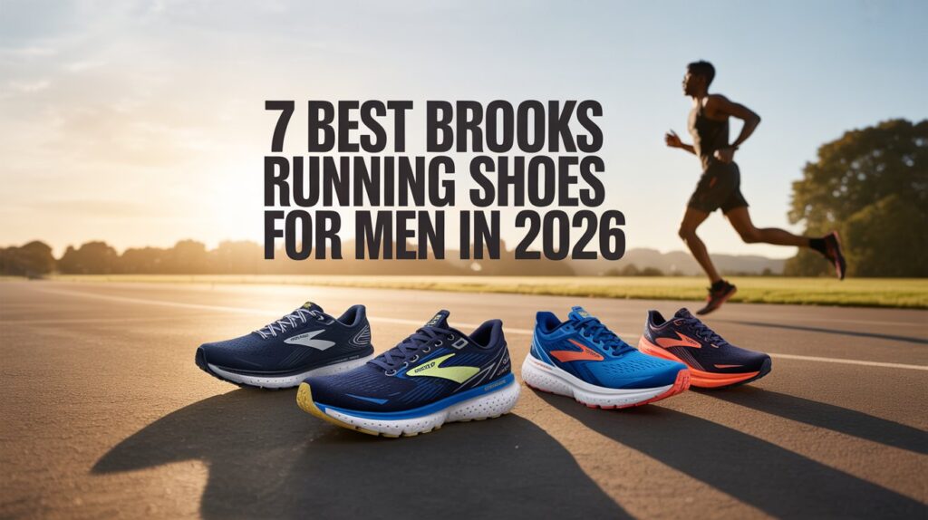Best Brooks running shoes for men in 2026 displayed on a running track with a male runner in the background, featuring top Brooks models for comfort, support, and speed.