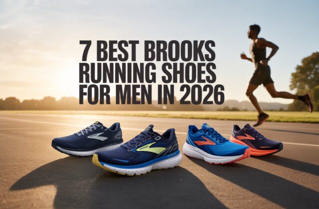 Best Brooks running shoes for men in 2026 displayed on a running track with a male runner in the background, featuring top Brooks models for comfort, support, and speed.